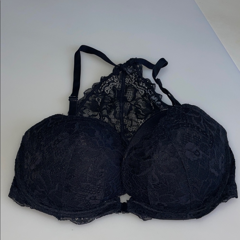 PINK Victorias Secret 34DDDate Racerback Pushup Bra Black Floral Lace Underwire
